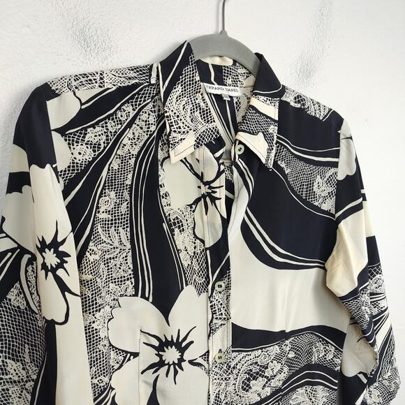 Vintage Gerard Darel Silk Top Womens 38 US 2-4 White Black Floral Button Up Vtg - Picture 2 of 9